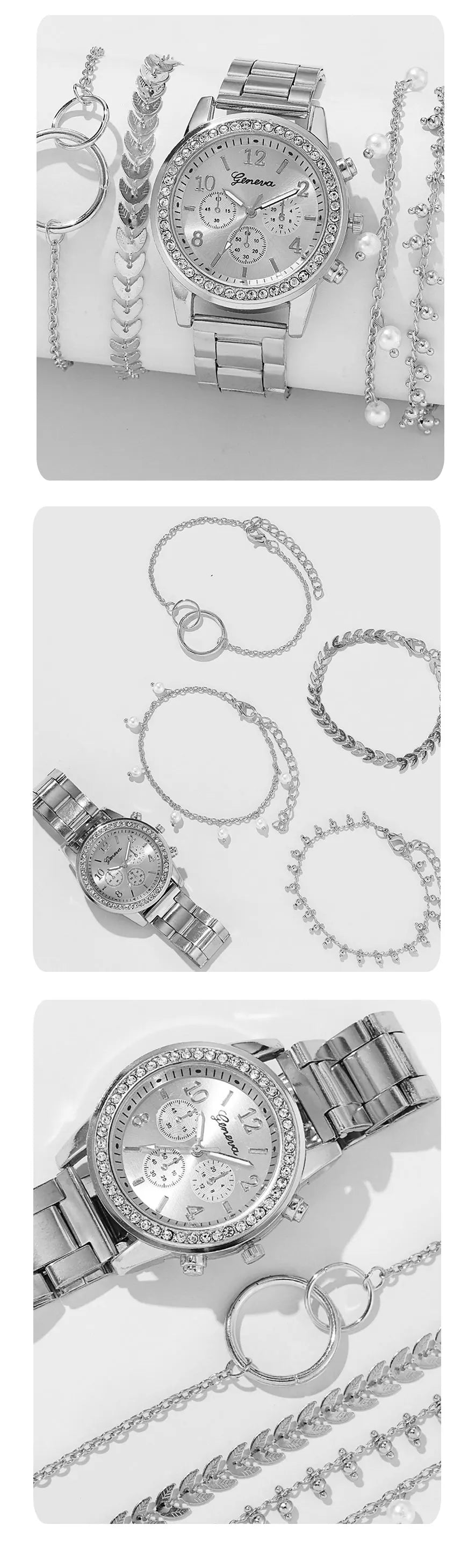 Luxury Quartz Watch Set for Women Premium Silver Elegance with Rhinestone Detail, High Quality 5PCS Women’s Fashion Watch Set Sleek Silver Alloy & Timeless Style, Premium Women’s Silver Quartz Watches Jewelry Set for Chic & Timeless Looks