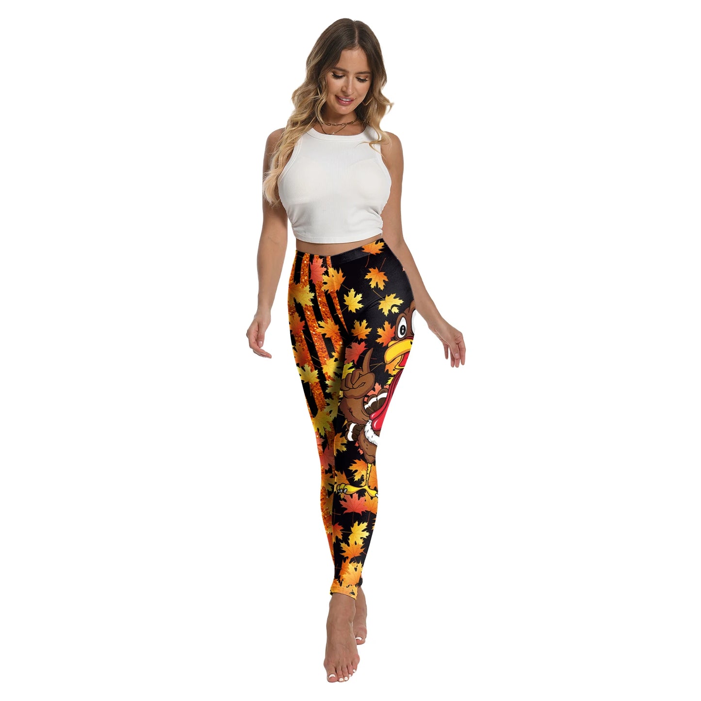 High Quality 2026 Edition Maple Leaf Pattern Cosplay Leggings Thanksgiving Day Turkey Tight Pants Woman Autumn Holiday Costumes Party Performance Trousers
