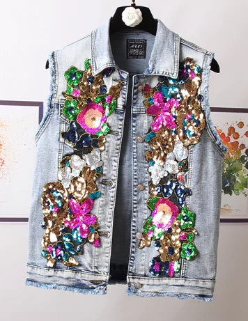 European Style Denim Jacket Fashion Outfit Women New Flower Sequined jeans Vest coat