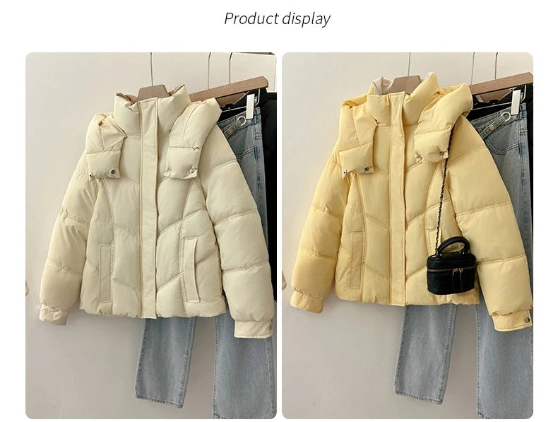 2025 Autumn Winter Puffer Jacket Women Thicken Down Cotton Padded Loose Coat Female Hooded Solid Long Sleeve Short Parkas