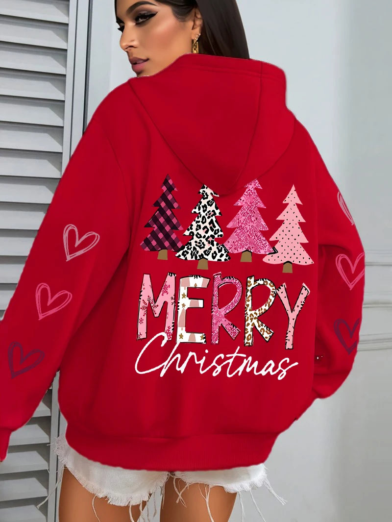 All Match Holiday Streetwear Women’s Merry Christmas Hoodie, Casual, Cozy & Christmas-Ready Harajuku Pink Tree Pullover, Merry Christmas Pink and more colours Tree Hoodie!, Celebrate 2025 in Style Christmas Tree Loose Hoodie