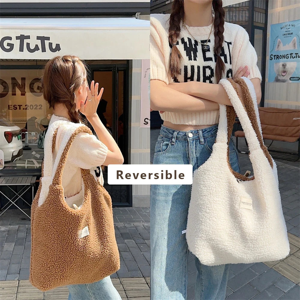 2026 Style Premium Vest Shape Women Plush Reversible Shoulder Bag Ladies Warm Fabric Handbag Winter Girls Books Tote Cute Lamb Like Cloth Purse