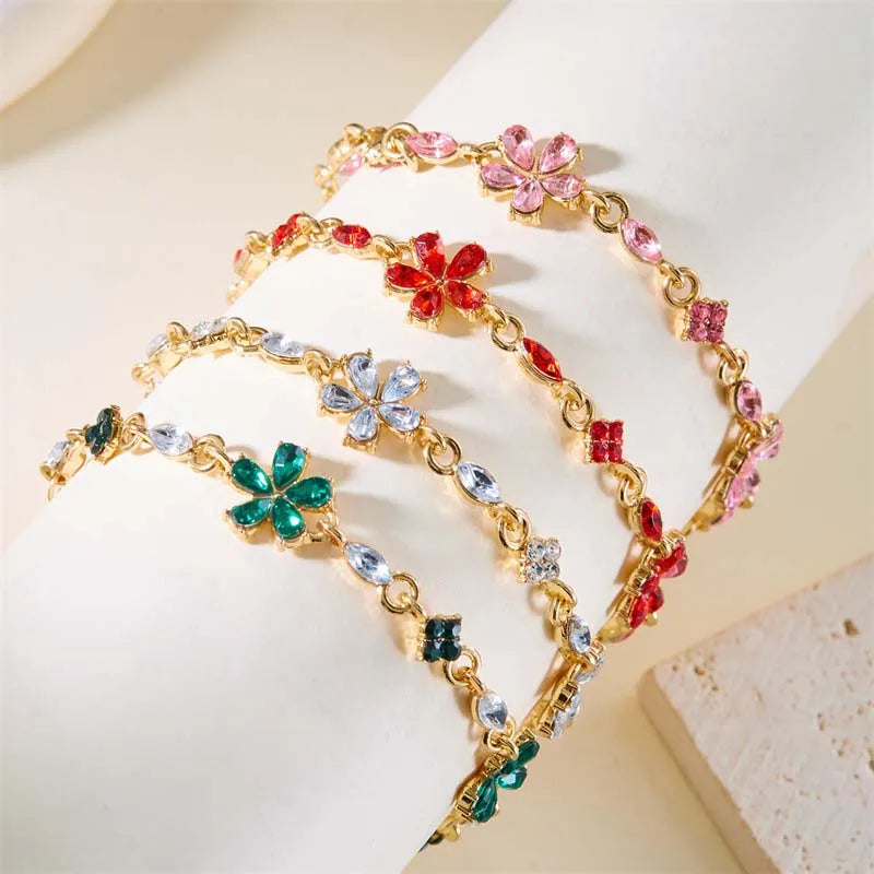 Premium Luxury Quality 2026 Edition Luxury Colorful Zircon Flower Bracelet For Women Girls Korean Sweet Gold Color Crystal Adjustable Bracelet Jewelry Gift