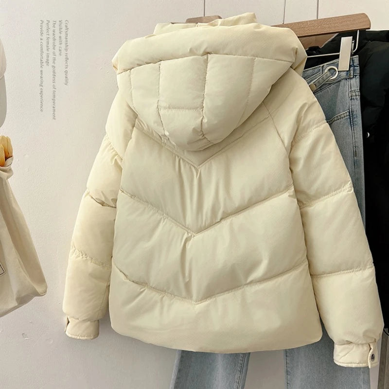 2025 Autumn Winter Puffer Jacket Women Thicken Down Cotton Padded Loose Coat Female Hooded Solid Long Sleeve Short Parkas