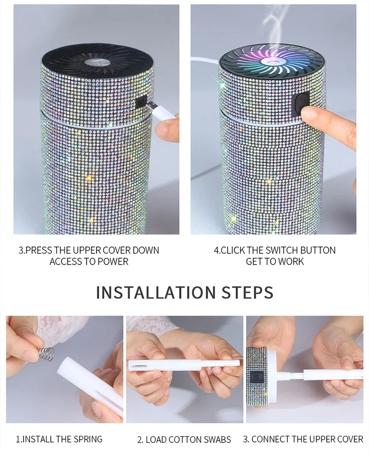 High Quality 2026 Edition Luxury Shiny Car Diffuser Humidifier with LED Light Diamond Auto Air Purifier Diffuser Air Freshener Bling Car Accessories