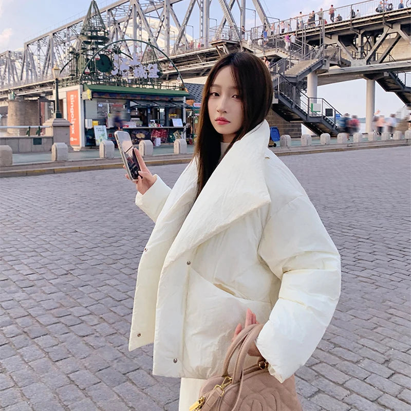 Women's Winter Lapel Puffer Jacket Loose Y2K Fashion Down Cotton Coat Woman Solid Color Casual Windproof Warm Cropped Parkas