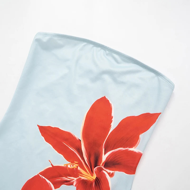 Premium Blue Strapless Dress with High Waist & Elegant Party Vibes, Sexy Strapless Floral Mini Dress Backless & Stunning, Strapless Floral Dress with High-Quality Fabric & Flawless Fit