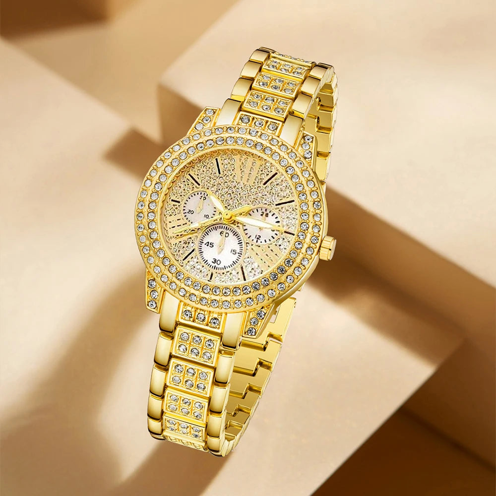 Gold Luxury Women’s Quartz Watch Jewelry Sparkle Like You Own the Moment , Luxury Meets Desire 4-in-1 Fashion Watch & Jewelry Gift Set Timeless, Premium & Totally Irresistible,