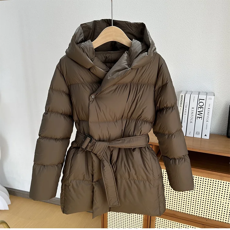Winter Hooded Women's Down Jackets Ultra Light Warm Casual Lace-up Coat Female Puffer Jacket With Belt Elegant Parka Overcoat