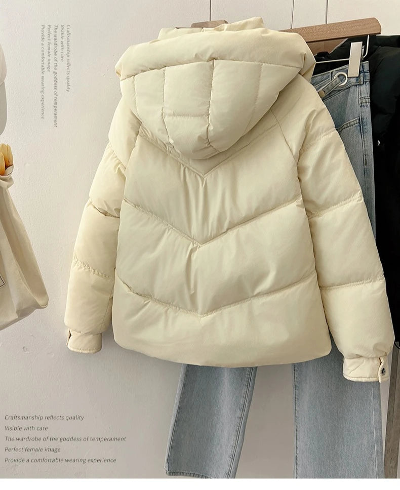 2025 Autumn Winter Puffer Jacket Women Thicken Down Cotton Padded Loose Coat Female Hooded Solid Long Sleeve Short Parkas