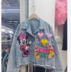 Fashion Brand Jeans Coat Women's Spring Autumn New Heavy Industry Cartoon Sequins Chaqueta High Street Loose-Fitting Denim Coats