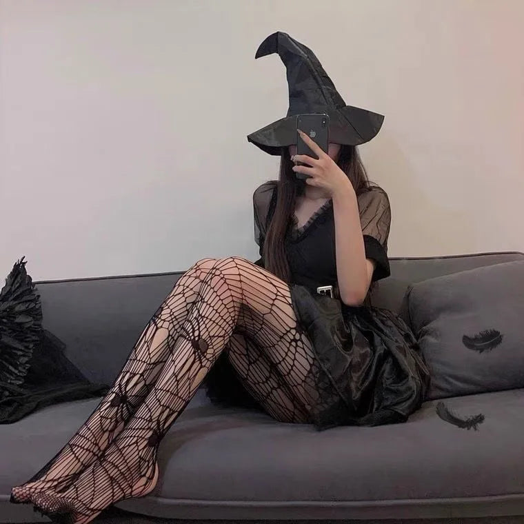 Spring Summer Thin Party Club Pantyhose Dark Hollowed Out Fishnet Stockings Women Gothic Spider Web Fish Net Black Silk Tights