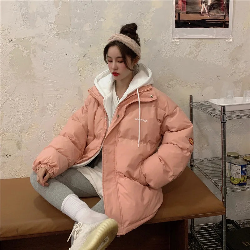 Chic Faux Two Design Pieces Parkas Women Puffy Patchwork Hooded Parka Jacket Woman Winter Pockets Zipper Up Padded Jacket Ladies