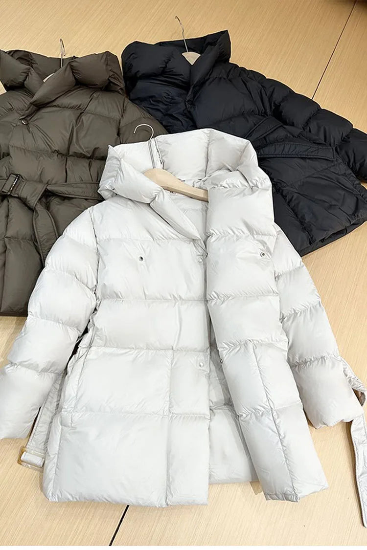Winter Hooded Women's Down Jackets Ultra Light Warm Casual Lace-up Coat Female Puffer Jacket With Belt Elegant Parka Overcoat