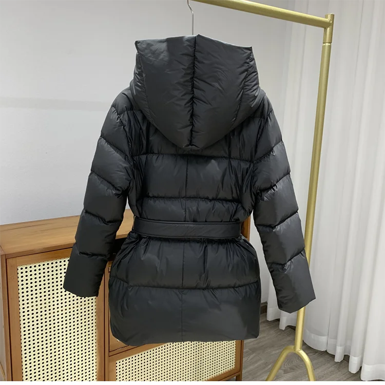 Winter Hooded Women's Down Jackets Ultra Light Warm Casual Lace-up Coat Female Puffer Jacket With Belt Elegant Parka Overcoat