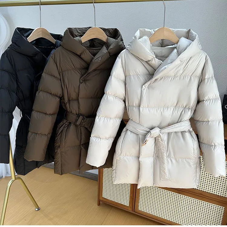 Winter Hooded Women's Down Jackets Ultra Light Warm Casual Lace-up Coat Female Puffer Jacket With Belt Elegant Parka Overcoat