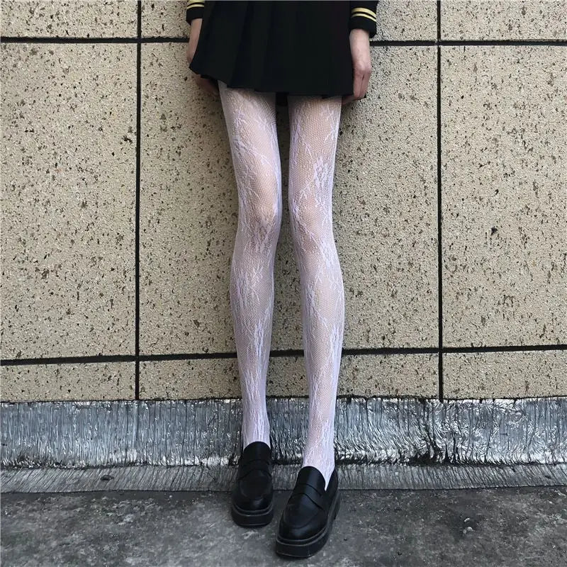 High Quality Heart Flower Pattern Pantyhose, Trendy Japanese Punk Inspired Mesh Tights Sexy, Soft & Premium, Mesh Heart & Flower Fishnet Stockings, Sexy & Cute! Heart Flower Mesh Fishnet Tights for Trendy Girls