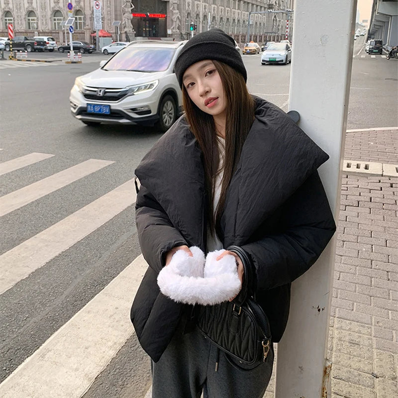 Women's Winter Lapel Puffer Jacket Loose Y2K Fashion Down Cotton Coat Woman Solid Color Casual Windproof Warm Cropped Parkas