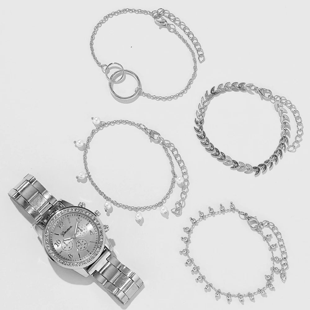 Luxury Quartz Watch Set for Women Premium Silver Elegance with Rhinestone Detail, High Quality 5PCS Women’s Fashion Watch Set Sleek Silver Alloy & Timeless Style, Premium Women’s Silver Quartz Watches Jewelry Set for Chic & Timeless Looks