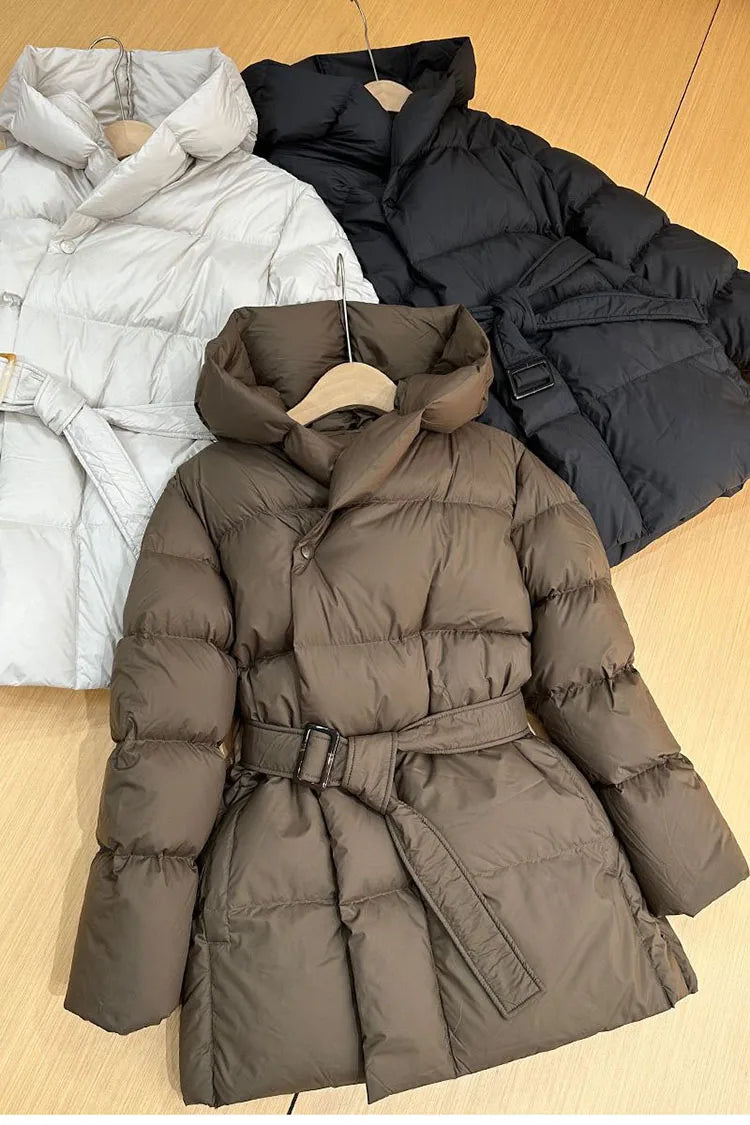 Winter Hooded Women's Down Jackets Ultra Light Warm Casual Lace-up Coat Female Puffer Jacket With Belt Elegant Parka Overcoat