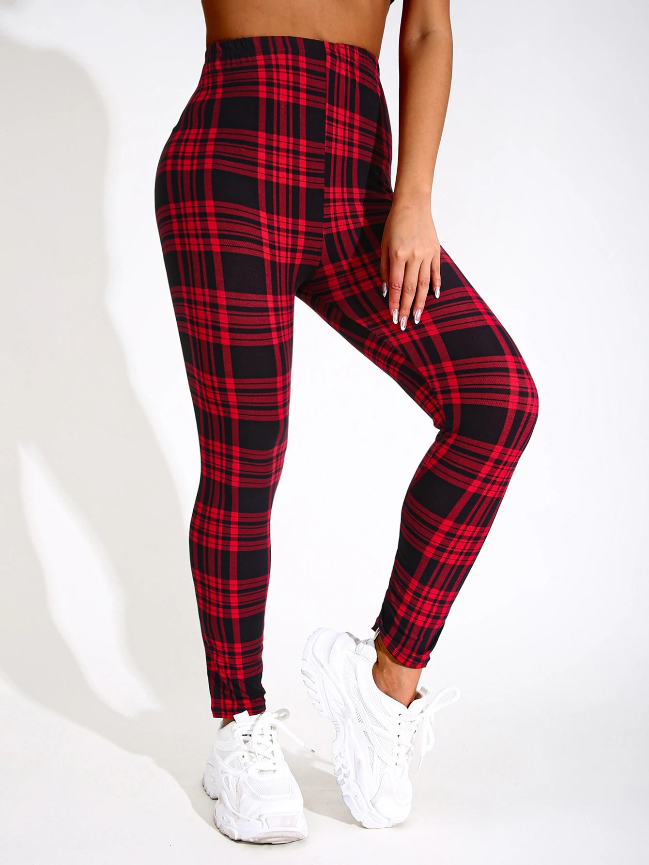 Casual Fashionable Brushed High Elasticity Sexy Tight Fitting Black And Red checkered Leggings Sports Slimming Yoga Pants