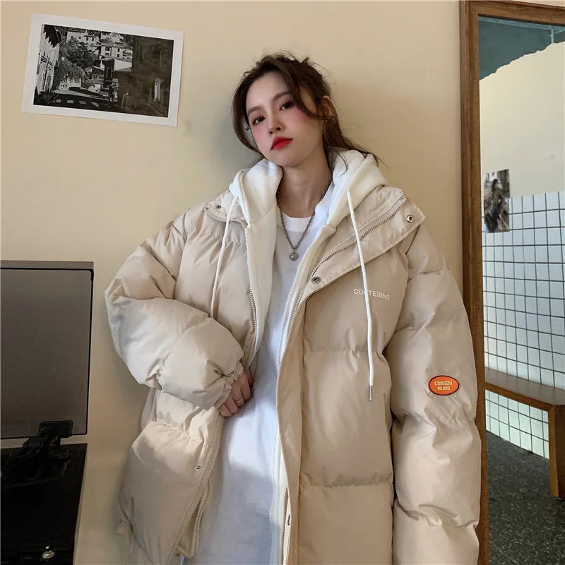 Chic Faux Two Design Pieces Parkas Women Puffy Patchwork Hooded Parka Jacket Woman Winter Pockets Zipper Up Padded Jacket Ladies
