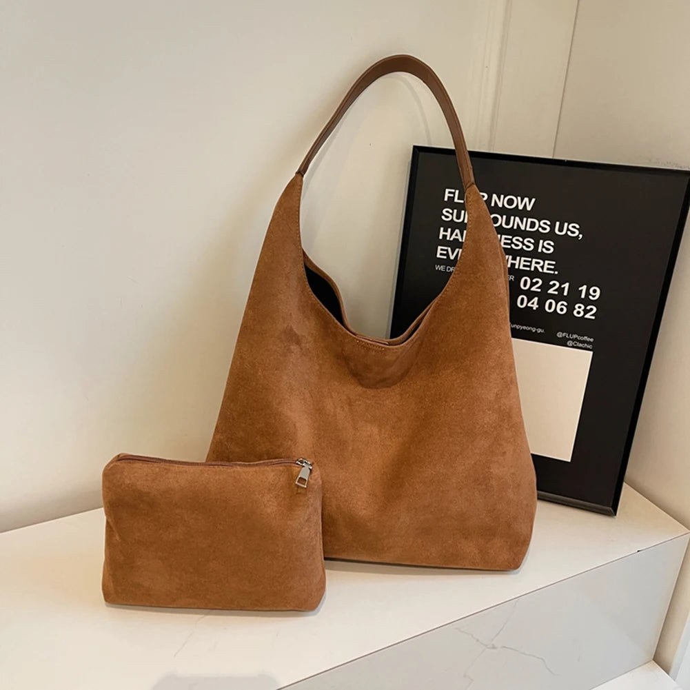 Women Suede Shoulder Bag Large Capacity Vintage Women's Bag Retro Handbag Simple Casual Commuter Bag Autumn Winter Work Travel