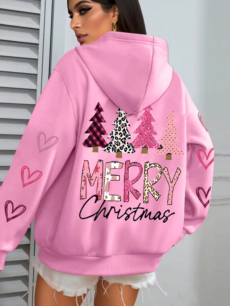 All Match Holiday Streetwear Women’s Merry Christmas Hoodie, Casual, Cozy & Christmas-Ready Harajuku Pink Tree Pullover, Merry Christmas Pink and more colours Tree Hoodie!, Celebrate 2025 in Style Christmas Tree Loose Hoodie
