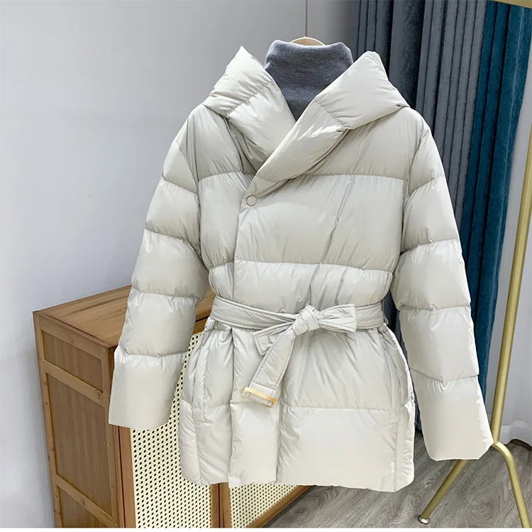 Winter Hooded Women's Down Jackets Ultra Light Warm Casual Lace-up Coat Female Puffer Jacket With Belt Elegant Parka Overcoat