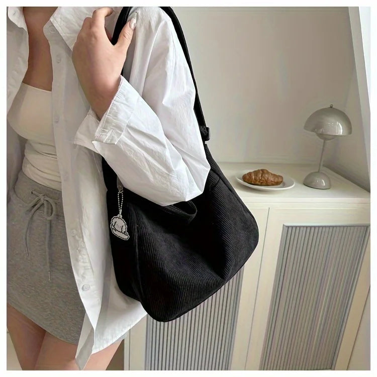 Women’s Corduroy Shoulder Bag, Casual Striped Large Capacity Tote with Zipper Closure, Cute Hat Patch, Perfect for Everyday Use