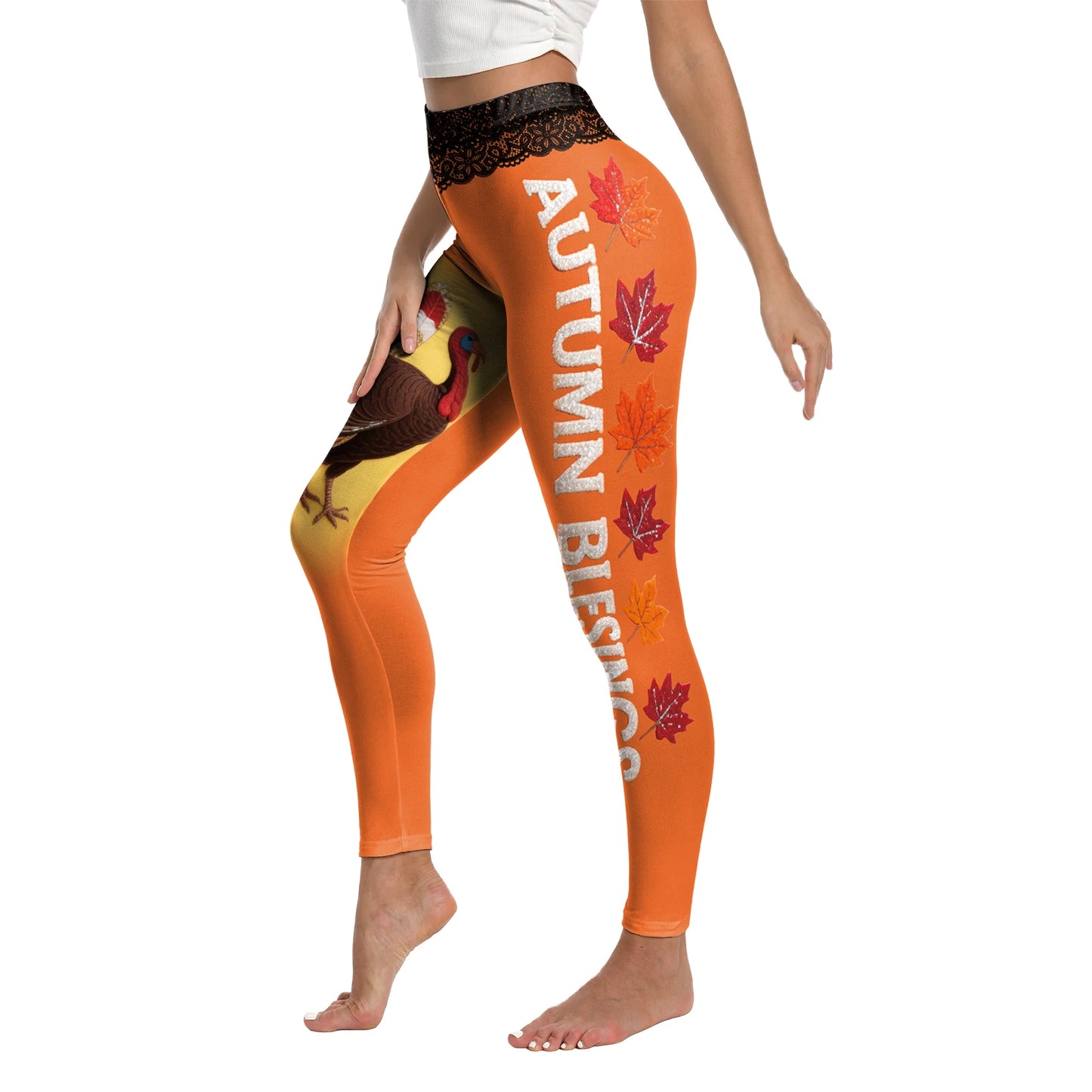 High Quality 2026 Edition Maple Leaf Pattern Cosplay Leggings Thanksgiving Day Turkey Tight Pants Woman Autumn Holiday Costumes Party Performance Trousers