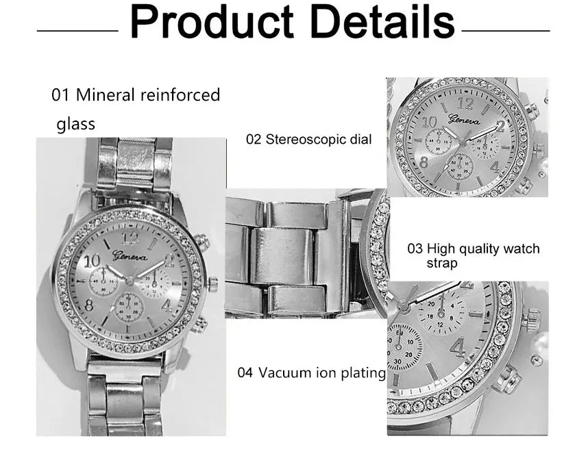 Luxury Quartz Watch Set for Women Premium Silver Elegance with Rhinestone Detail, High Quality 5PCS Women’s Fashion Watch Set Sleek Silver Alloy & Timeless Style, Premium Women’s Silver Quartz Watches Jewelry Set for Chic & Timeless Looks