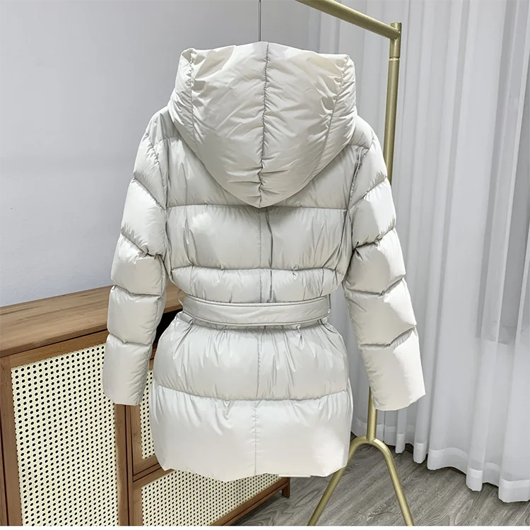 Winter Hooded Women's Down Jackets Ultra Light Warm Casual Lace-up Coat Female Puffer Jacket With Belt Elegant Parka Overcoat
