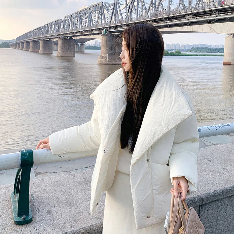 Women's Winter Lapel Puffer Jacket Loose Y2K Fashion Down Cotton Coat Woman Solid Color Casual Windproof Warm Cropped Parkas