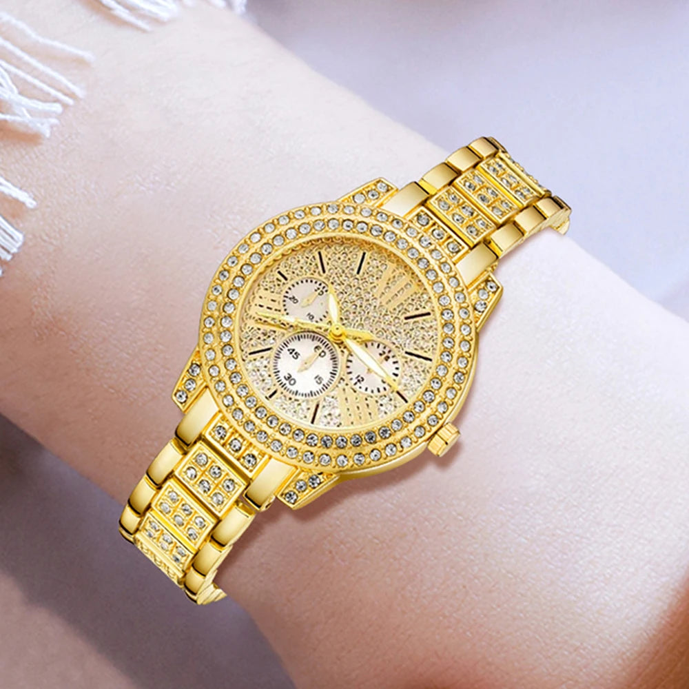 Gold Luxury Women’s Quartz Watch Jewelry Sparkle Like You Own the Moment , Luxury Meets Desire 4-in-1 Fashion Watch & Jewelry Gift Set Timeless, Premium & Totally Irresistible,