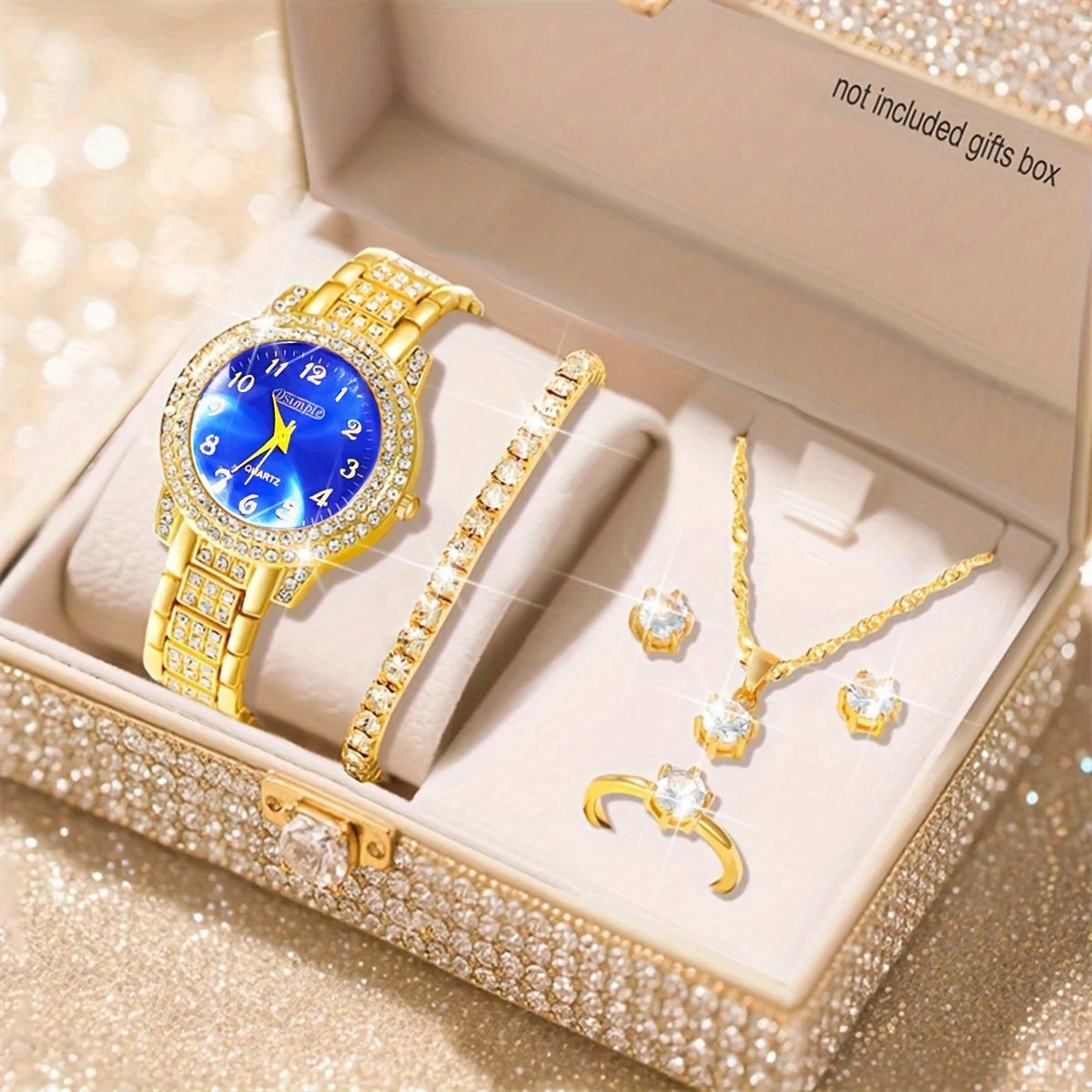 Premium Style & Sparkle Elegant Ladies Quartz Watch with Matching Jewelry Perfect Gift for Her, Luxury Meets Fashion 6PCS Elegant Quartz Watch & Jewelry Set Perfect for Valentine’s Day & Special Occasions