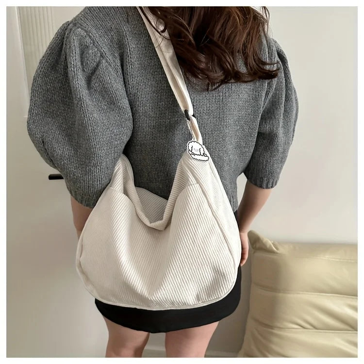 Women’s Corduroy Shoulder Bag, Casual Striped Large Capacity Tote with Zipper Closure, Cute Hat Patch, Perfect for Everyday Use