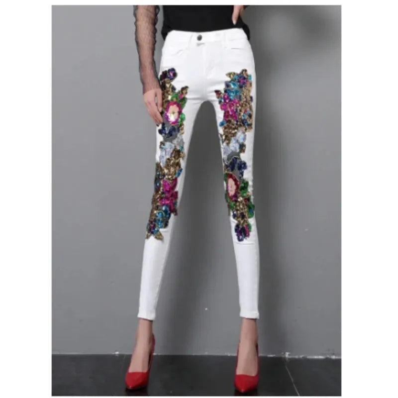 European Style Denim Jacket Fashion Outfit Women New Flower Sequined jeans Vest coat