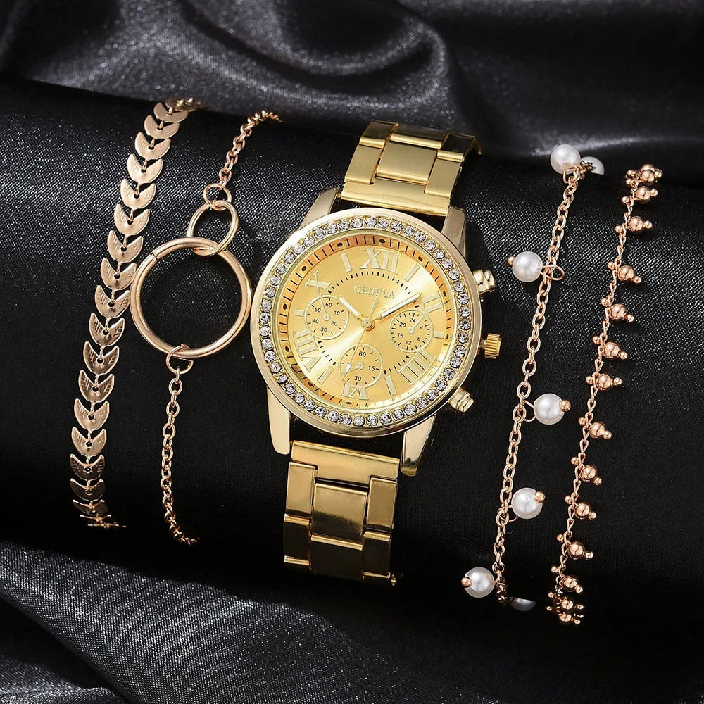 Luxury Quartz Watch Set for Women Premium Silver Elegance with Rhinestone Detail, High Quality 5PCS Women’s Fashion Watch Set Sleek Silver Alloy & Timeless Style, Premium Women’s Silver Quartz Watches Jewelry Set for Chic & Timeless Looks