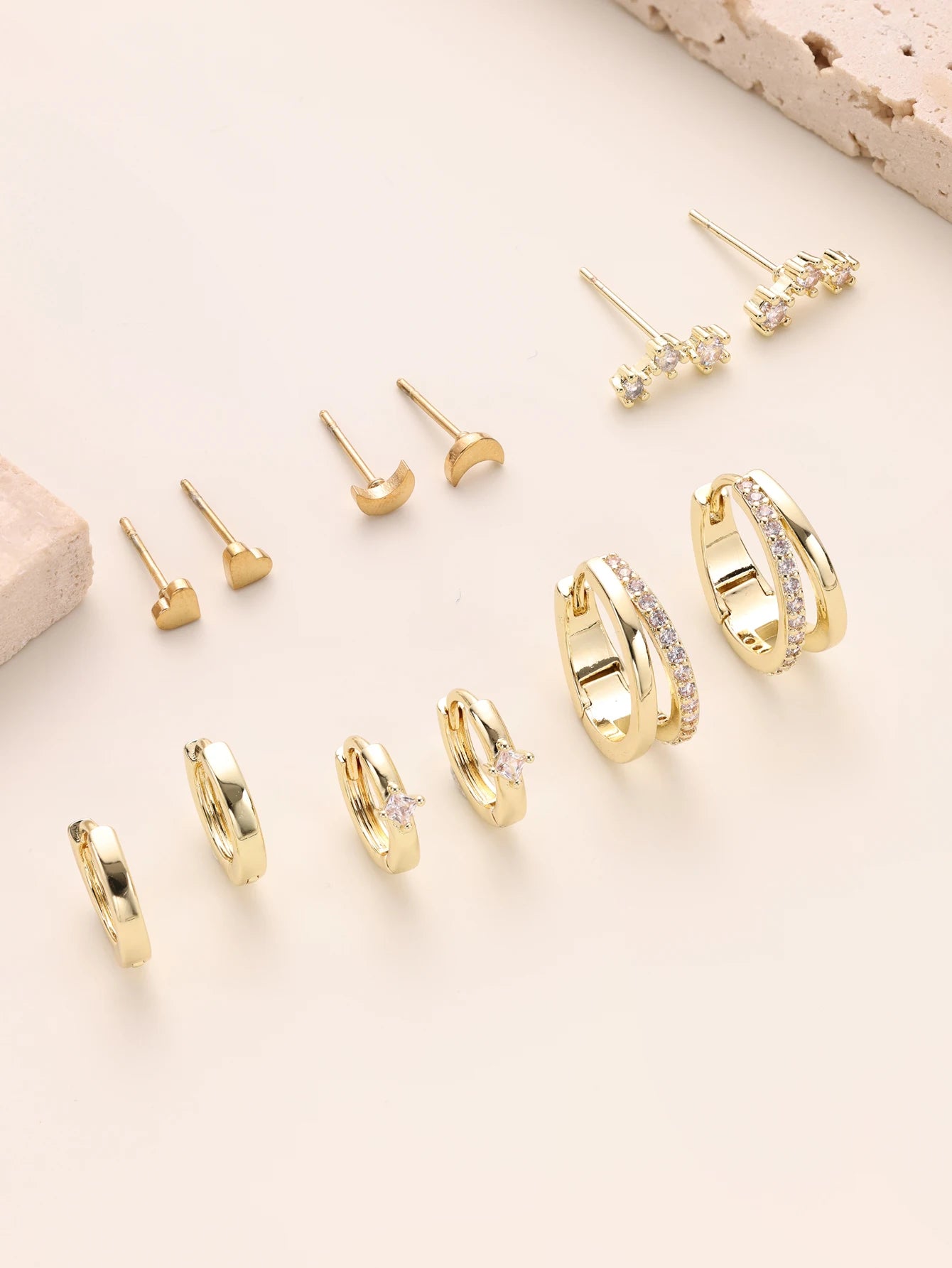 Premium Quality 2026 Luxury Edition 6 Pairs Small Gold Hoop Stud Earrings Set for Somen, 14K Gold Plated  Huggie Hoop Earrings Double Hoop Earrings CZ Stud Earrings