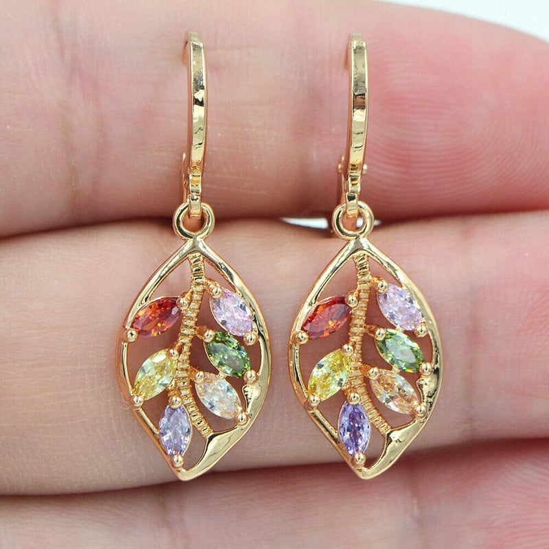 Premium High Quality 2026 Edition 6Women's Fashion Shiny Colorful Zircon Drop Earrings Multicolor Stone Leaf Rose Gold Color Charming Dangle Earring Jewelry