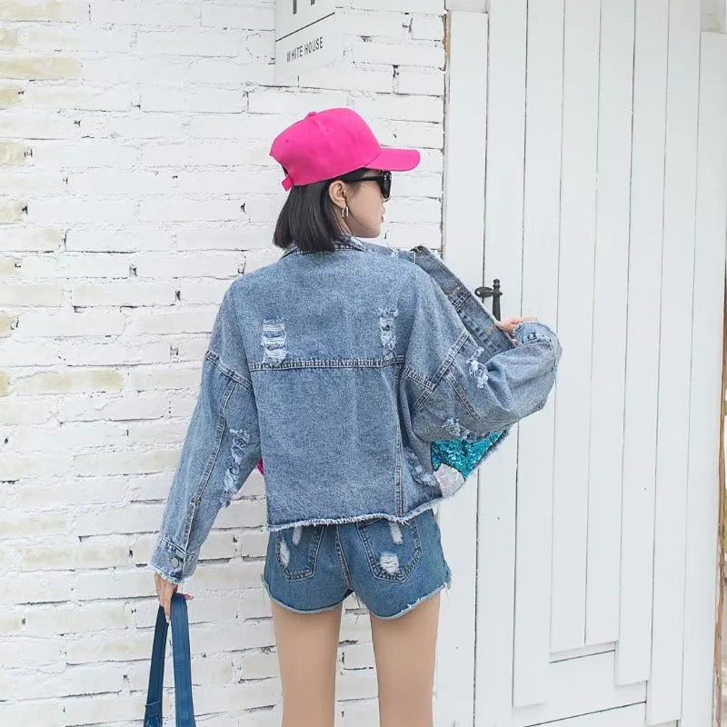 Fashion Brand Jeans Coat Women's Spring Autumn New Heavy Industry Cartoon Sequins Chaqueta High Street Loose-Fitting Denim Coats