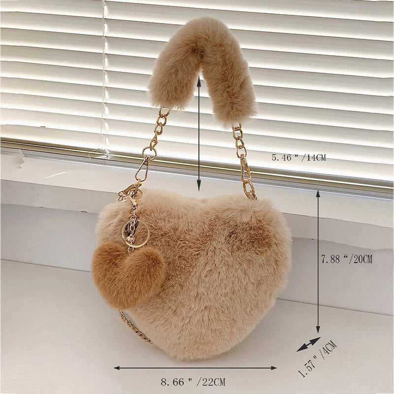 Premium Plush Chain Shoulder Bag  Sexy, Fashion , 2026 Fluffy Chic! Heart-Shaped Faux Fur Bag Cute, Cozy & Ultra Trendy