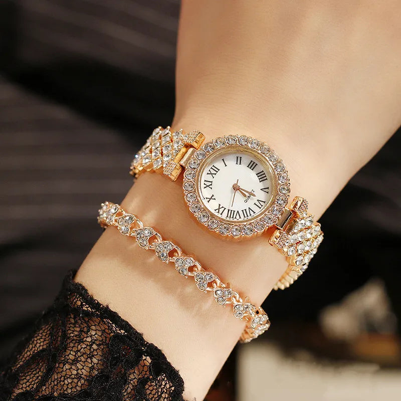 Rose Gold 2026 Premium Quality Rhinestone Watch & Bracelet Set For Women, Shine Like a Diamond 2 PCS Luxury Rose Gold Watch & Bracelet Premium, Feminine & Irresistibly Chic, Elegant Rose Gold Rhinestone Watch Set
