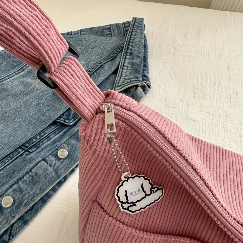 Women’s Corduroy Shoulder Bag, Casual Striped Large Capacity Tote with Zipper Closure, Cute Hat Patch, Perfect for Everyday Use