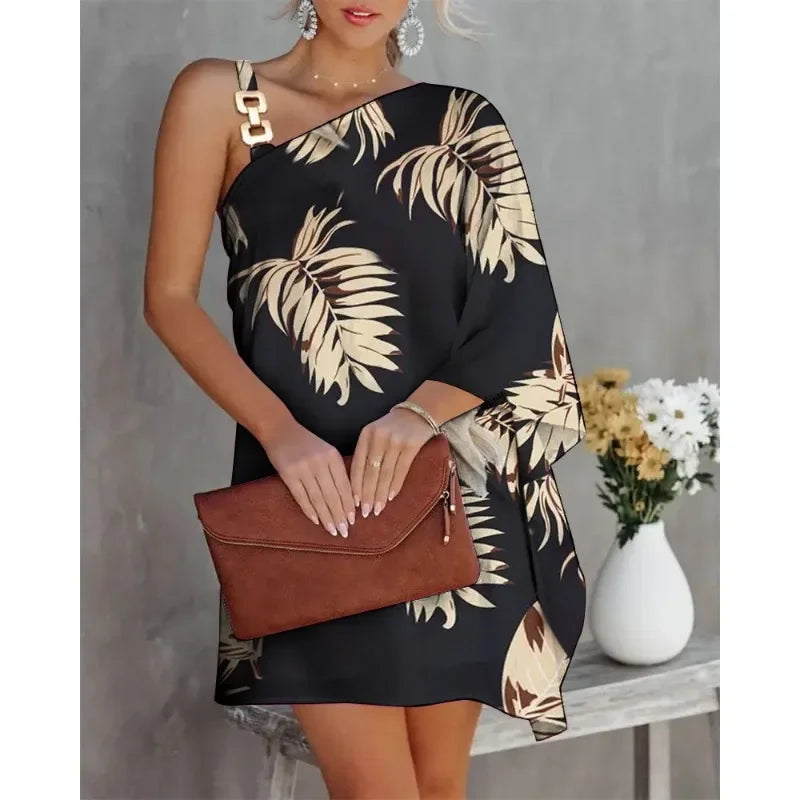 2026 Fashion Comfortable,Style Sexy Diagonal Neck Commuter Dress with Metal Strap Glam , Look Fashion Forward & Feel Effortlessly Elegant Solid & Printed Summer Dress