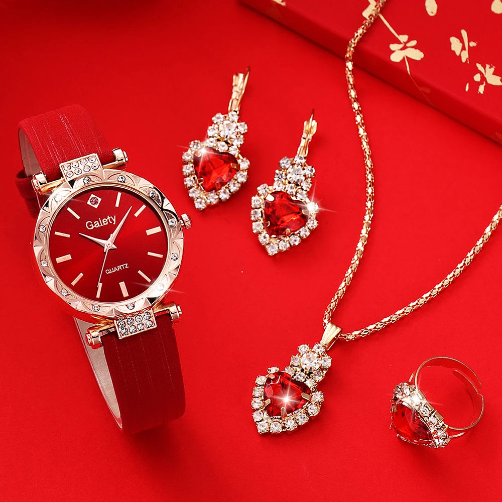 Luxury Love Set  Elegant Red Leather Watch Heart Jewelry Perfect Gift for Mum & Sister Luxury Gift of Love  2026 Edition Women’s Watch Jewelry Set Elegant, High Class & Heart Set Red, Radiant & Romantic