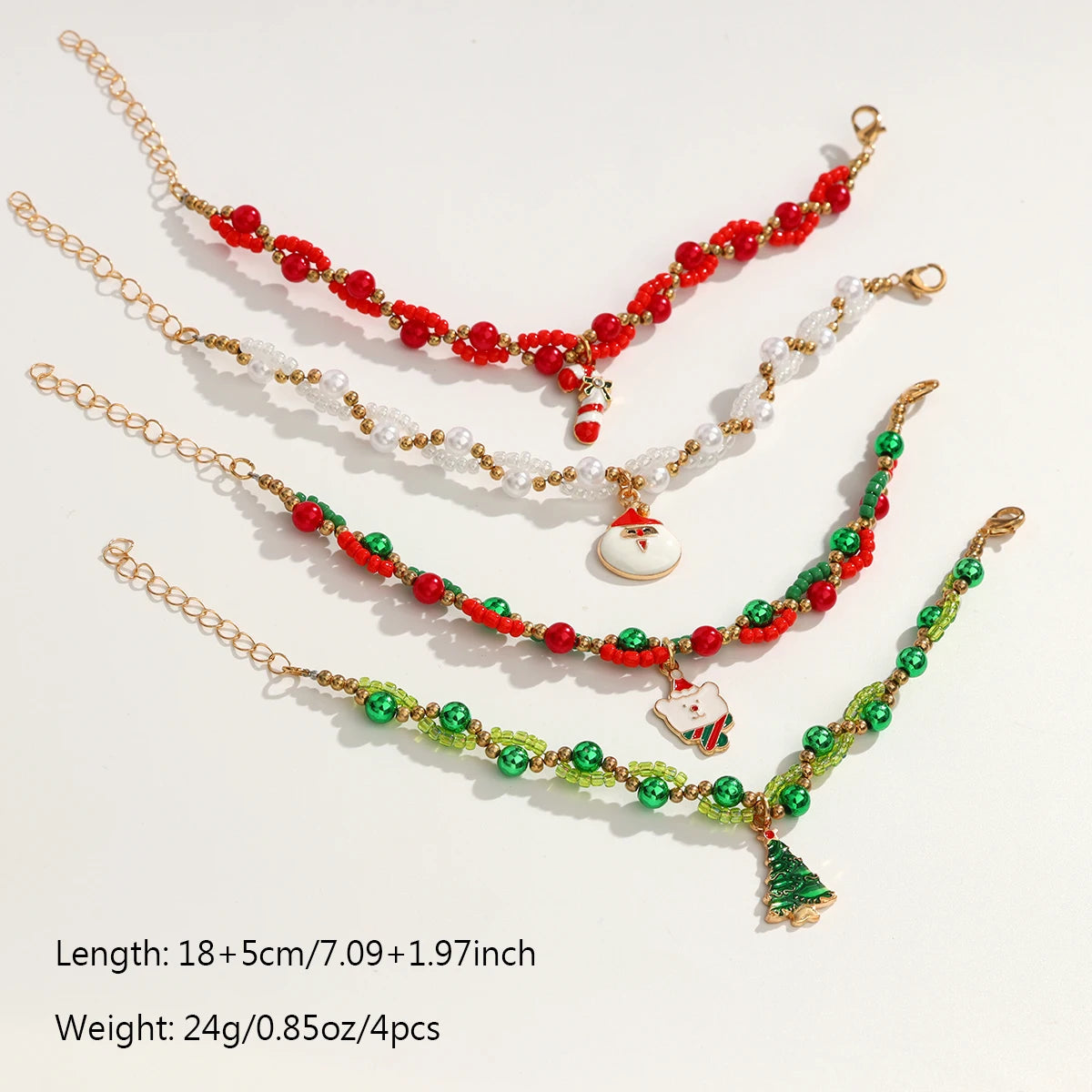 Premium Hand Made Christmas Themed 4 Piece New Hand Woven Bracelet Set with Santa Claus, Christmas Tree, Walking Stick & Teddy Bear Designs(color random)