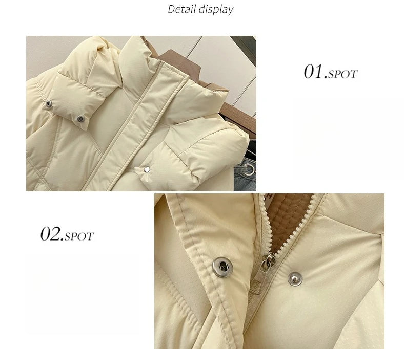 2025 Autumn Winter Puffer Jacket Women Thicken Down Cotton Padded Loose Coat Female Hooded Solid Long Sleeve Short Parkas