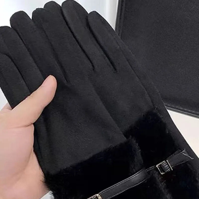 Winter Plush Gloves for Women, Elegant and Warm Riding, Anti Freezing Suede Gloves, Finger Count Touch Screen Gloves